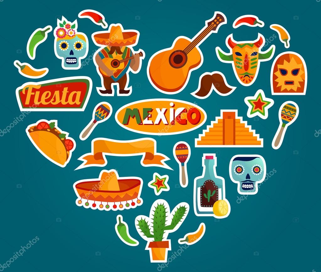 Travel concept Mexico landmark flat icons design as a heart .Vector Illustration
