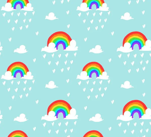 Arco iris inconsútil cielo y corazones — Vector de stock