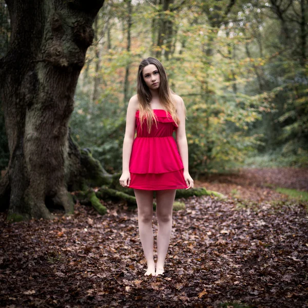Porträtt av en vacker tonårig flicka i kort klänning står i — Stockfoto