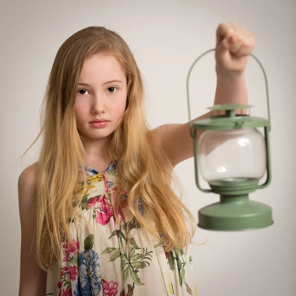 Blond Girl Holding a Lantern. — Stock Photo, Image