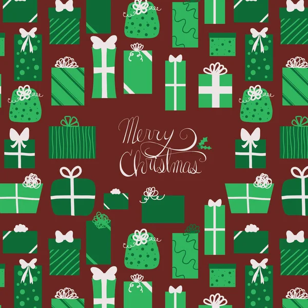 Green Gift Wrapped Christmas Presents Pattern Red Background Text Merry — Stock Vector