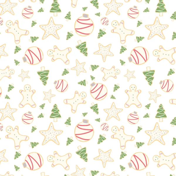 Weihnachtsleckereien Weihnachtsgebäck Nahtloses Muster Mit Gefrosteten Zuckerkeksen Wie Lebkuchenmännchen Weihnachtsbäumen — Stockvektor