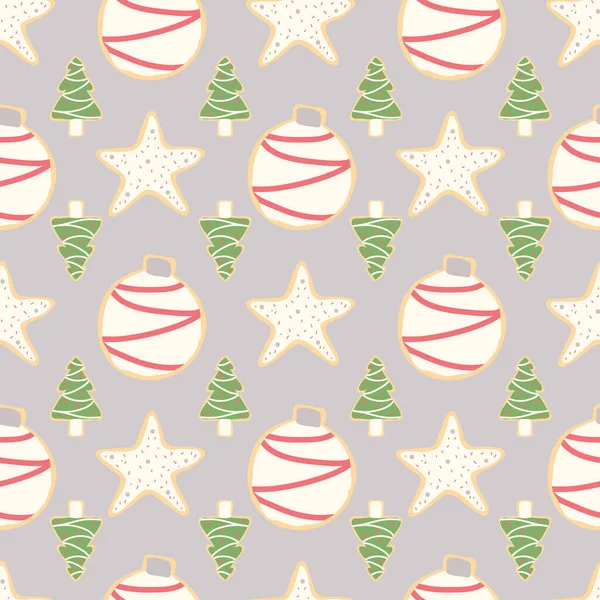 Frosted Christmas Plätzchen Einschließlich Weihnachtsbäume Sterne Und Ornamente Auf Silbernem — Stockvektor