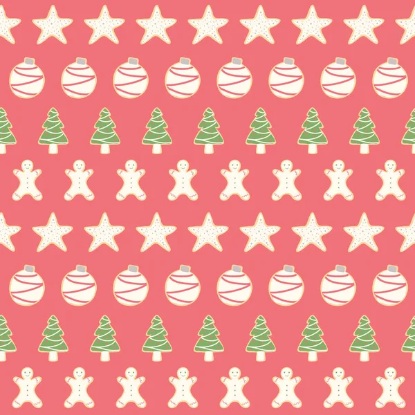 Reihenweise Gefrostete Weihnachtsplätzchen Mit Lebkuchenmännchen Weihnachtsbäumen Sternen Und Ornamenten Mit — Stockvektor