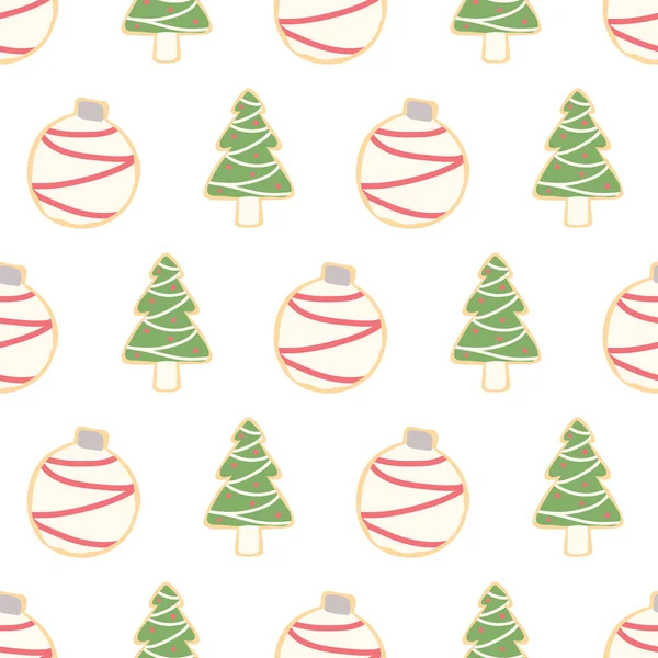 Frosted Christmas Keksmuster Mit Weihnachtsbäumen Und Ornamenten — Stockvektor