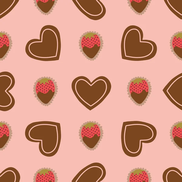 Chocolate Box Pattern Hearts Chocolate Strawberries Pink Background — Stock Vector