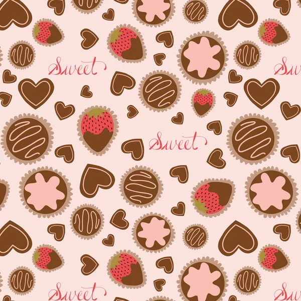 Valentine Day Chocolate Box Pattern Chocolate Dipped Strawberries Chocolate Truffles — Stockvector