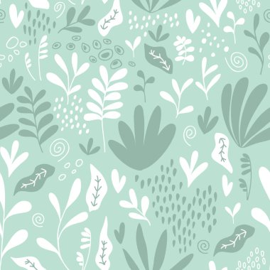 Modern Bitki Tasarımı Patern Naneli Yeşil ve Beyaz Desen