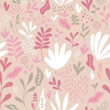 Bej arkaplanlı Pembe ve Beyaz Modern Bitki Tasarım Deseni