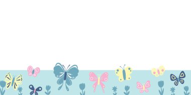 Pastel mavisi, pembe ve sarı tonlarında boş fotokopi alanı olan güzel bir kelebek kenarı afişi