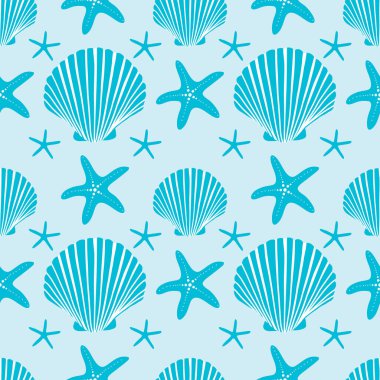 Deniz kabukları, deniz kabuğu ve deniz yıldızı ile okyanus mavisi desen.