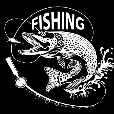 PIKE FISH WITH FISHING ROD BLACK