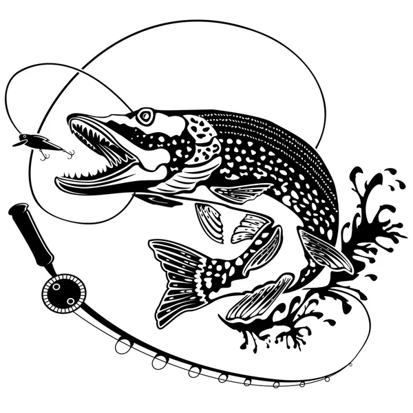 PIKE FISH WITH FISHING ROD BLACK WHITE — Stockový vektor