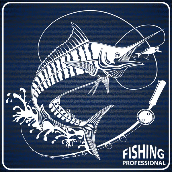 MARLINE FISH WITH FISHING ROD BLUE — 图库矢量图片