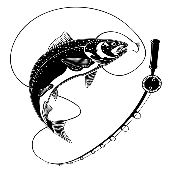 SALMON FISH WITH FISHING ROD BLACK WHITE — Stockvector