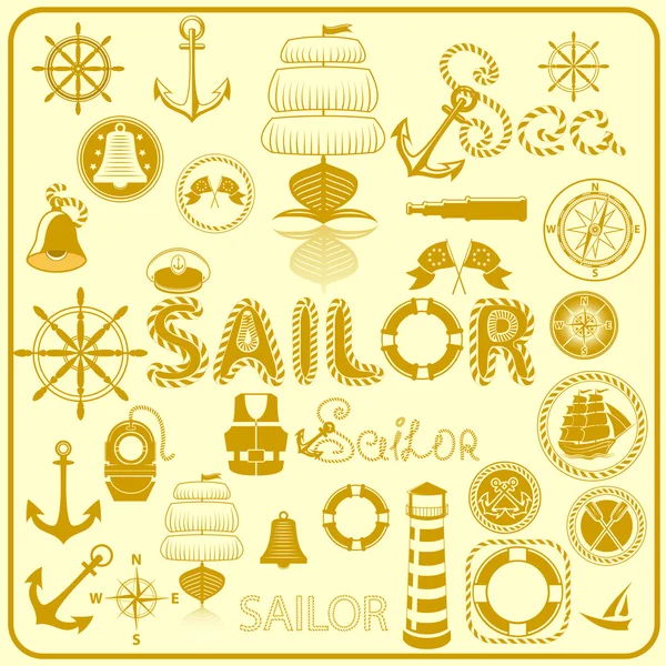 SAILOR ELEMENTS SET GOLD - Stok Vektor