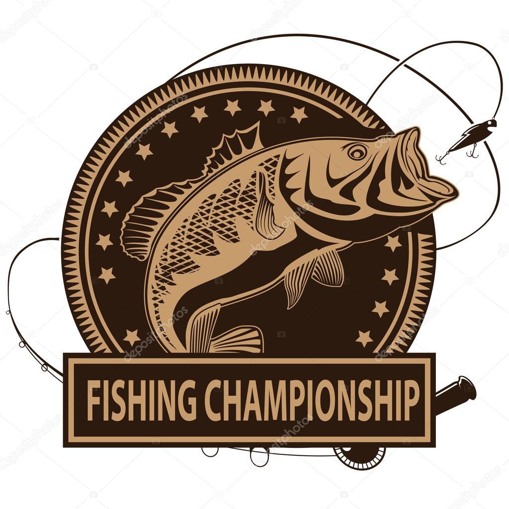Retro illustration of fishing championship logo with peach fish and fishing rod. Vector illustration can be used for creating logos and emblems for fishing clubs, prints, web and other crafts.
