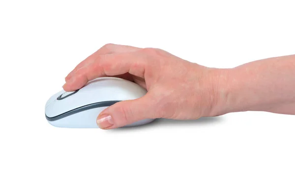 Una Mano Controlla Mouse Isolato Uno Sfondo Bianco — Foto Stock