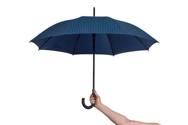 Open Blue Umbrella Gray Stripe Held Female Hand Isolated White — Stock Photo, Image