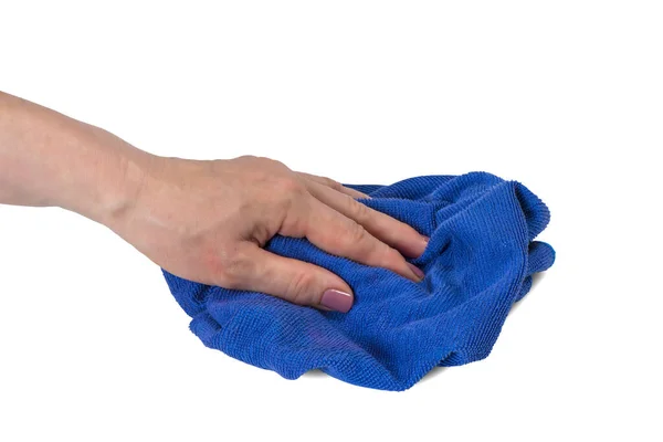Руке Женщины Синяя Моющая Ткань Изолированная Белом Фоне — стоковое фото