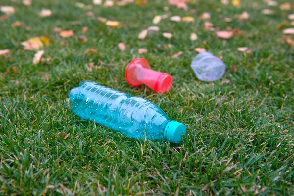 Bahçedeki çöpler, plastik şişeler ve bardaklar yeşil çimlerin üzerinde..