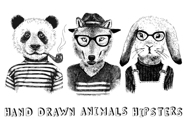 Hand drawn dressed up animals in hipster style — Stock Vector