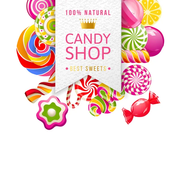 Candy shop label with type design and candies — Stock Vector