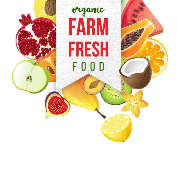 Emblema fresco de granja con diseño de tipo y frutas — Vector de stock