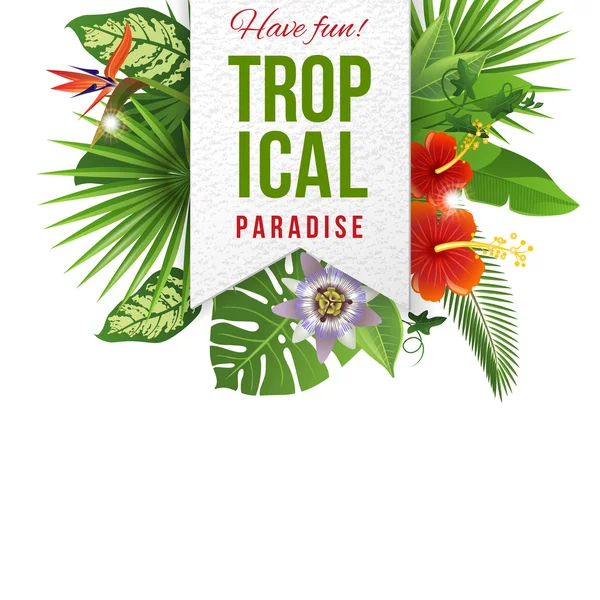 Emblema con diseño de tipo, flores tropicales y plantas — Vector de stock