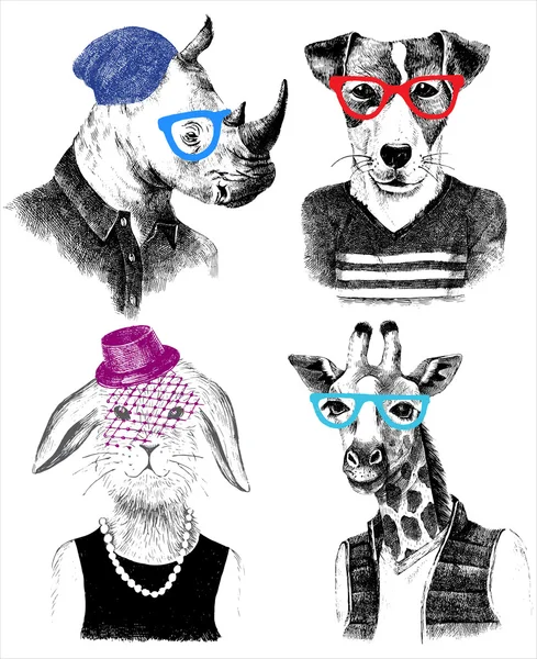 Habillé animaux mis dans le style hipster — Image vectorielle