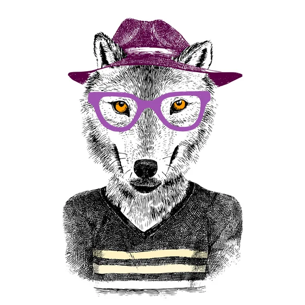 Mano dibujado lobo hipster — Vector de stock