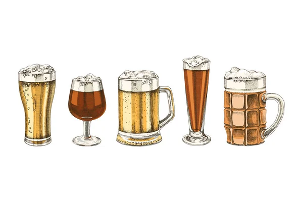 Set di bicchieri di birra disegnati a mano — Vettoriale Stock