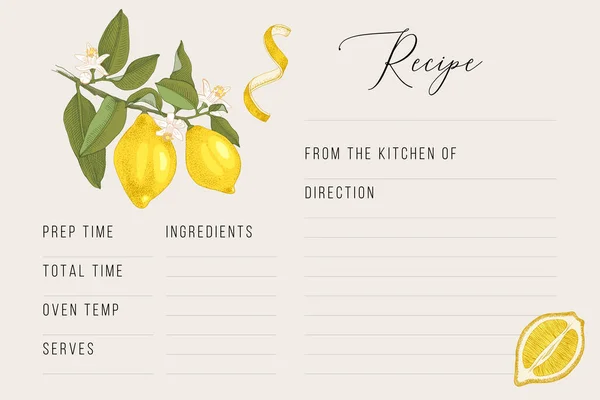 Modèle de carte de recette avec citrons dessinés à la main — Image vectorielle