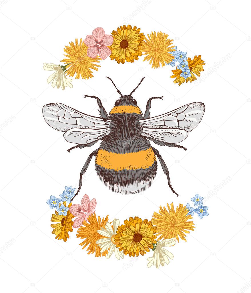 Hand drawn bumblebee isolated on white background