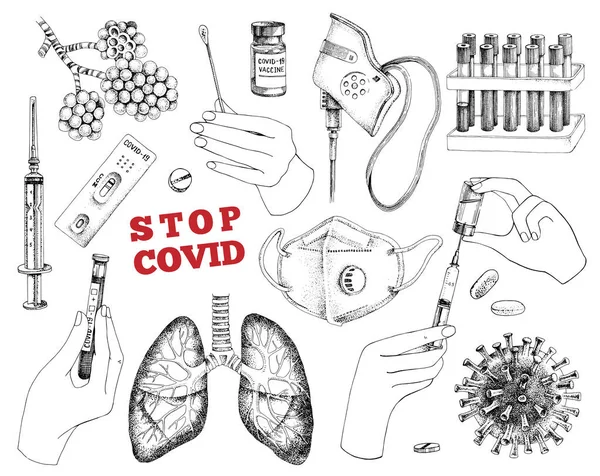 Covid-19 hastalığı, aşı ve önleme seti — Stok Vektör