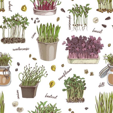 El çizimi mikro yeşiller pürüzsüz desen.