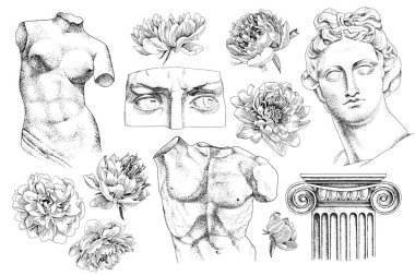 El çizimi klasik heykeller ve çiçekler.