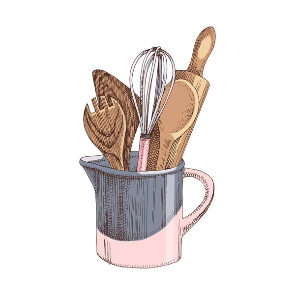 Ensemble d'ustensiles de cuisine en bois dans une tasse — Image vectorielle