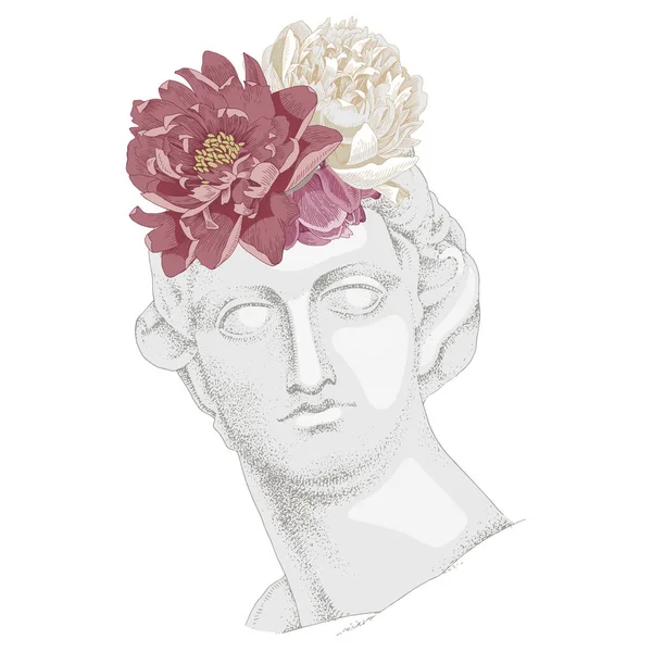 Busto de Apolo con flores, el antiguo dios. — Vector de stock