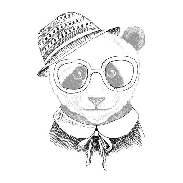 Retrato dibujado a mano del bebé Panda con accesorios — Vector de stock