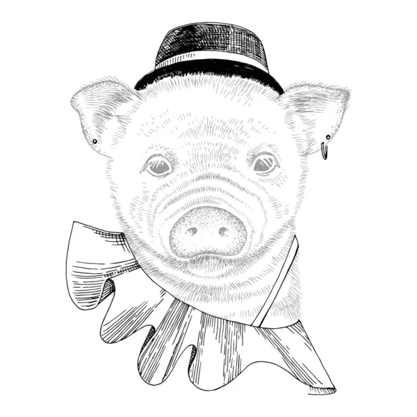 Portrait dessiné à la main de cochon drôle avec accessoires — Image vectorielle