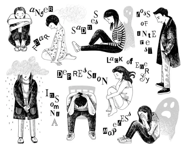 Illustrazione disegnata a mano con persone depresse. — Vettoriale Stock
