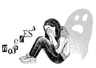Depresyondaki genç kız yerde oturuyor