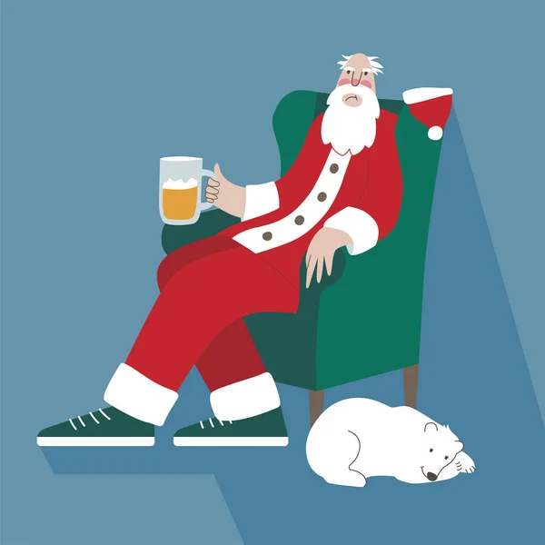 Tevreden santa met een mok bier en een beer — Stockvector