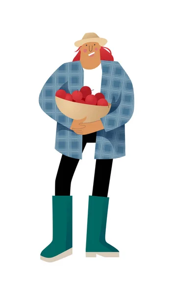 Jardinero de pie con una cesta de manzanas — Archivo Imágenes Vectoriales