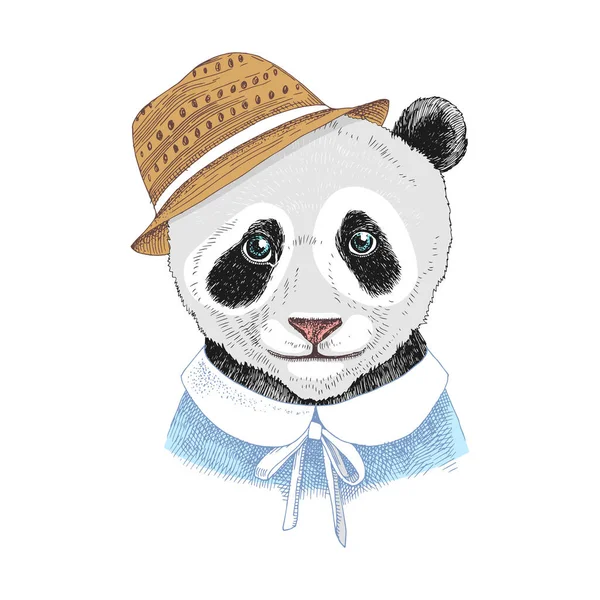 Ritratto disegnato a mano del bambino Panda con accessori — Vettoriale Stock