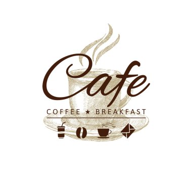 Cafe logo ile el çekilmiş kahve fincanı