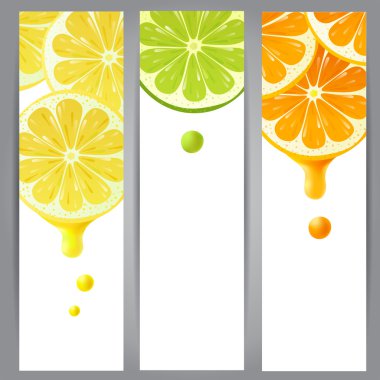3 afiş ile limon, limon ve portakal