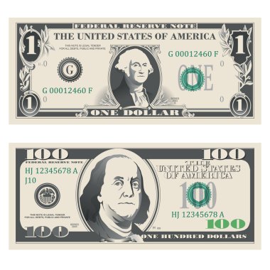 1 and 100 dollar bank notes  clipart