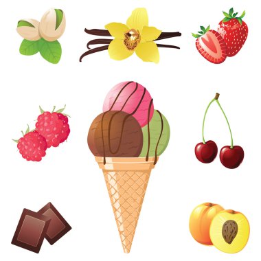 ice cream cone and different flavors icons clipart